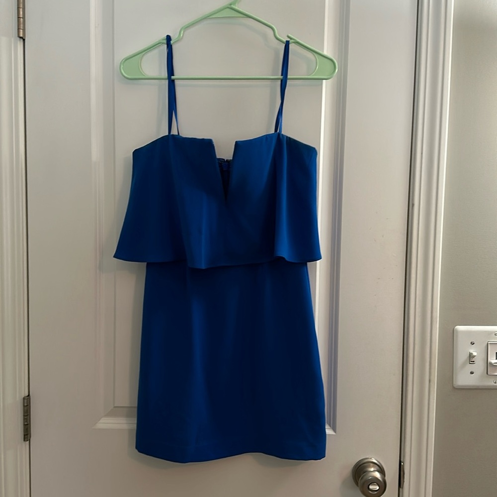 BCBGMAXAZRIA Womens Blue V-Neck Strapless Ruffle Mini Dress Size 2